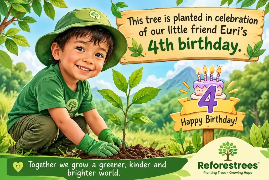 A young tree planted in celebration of Euri’s fourth birthday, symbolizing growth, hope and a meaningful connection between childhood and nature.